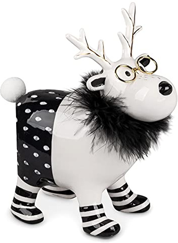 Dekofigur Hirsch | schwarz weiß | Federkragen und Brille | 16x19 cm | Keramikfigur Figur