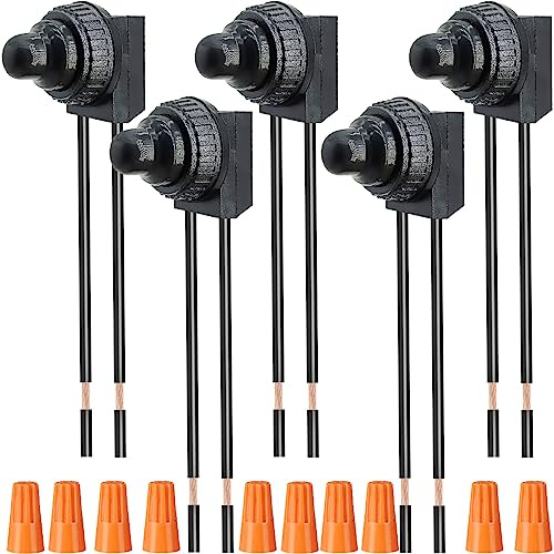 Youmile 5 pezzi Interruttore a pulsante impermeabile 12V ON/Off SPST Interruttore luce on-off Interruttore cablato con cappucci per cablaggio per ventola da bagno auto moto/auto (nero)