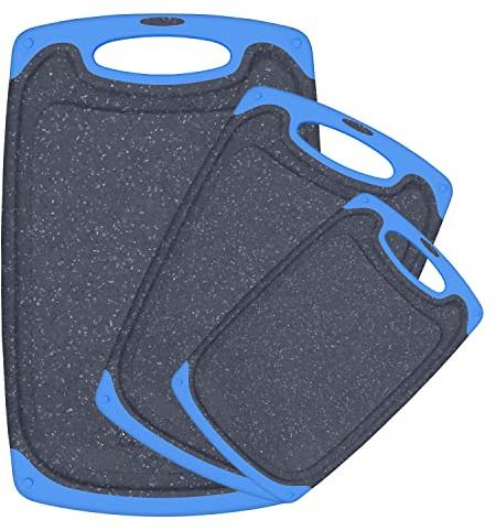 Plastic Cutting Board, 3 Pieces Dishwasher Safe Cutting Boards with Juice Grooves, Easy Grip Handle, Non-Slip, with Grinding Area for Grinding Garlic and Ginger（blue）