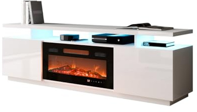 Mirjan24 Armoire TV Lostino avec cheminée électrique LED réaliste cuisinière en cristal chauffage éclairage LED blanc/blanc brillant