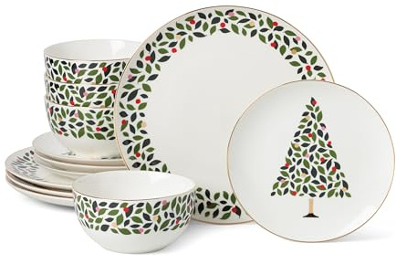 kate spade new york Evergreen 12-Piece Dinnerware Set, 12 Count, Ivory, Christmas Dinnerware Set, Holiday Hosting
