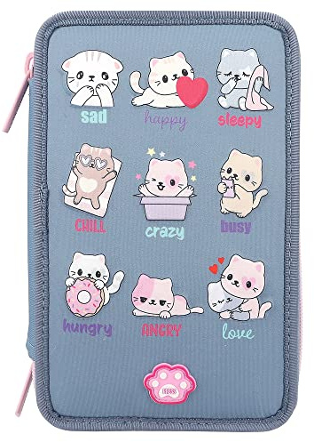 Depesche 12261 TOPModel Katzen - Gefüllte 3-Fach Federtasche in Rauchblau, mit Katzen-Motiven und LED-Lichtern, Federmäppchen mit Buntstiften, Schere, Lineal uvm.