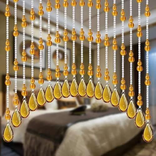 Rekelola Arched Crystal Door String Hanging Glass Beaded Curtains Beads Valances for Doorways Windows Short Home Decor Closets Easy to Install Non-Acrylic Self Adhesive (2Strings Amber)