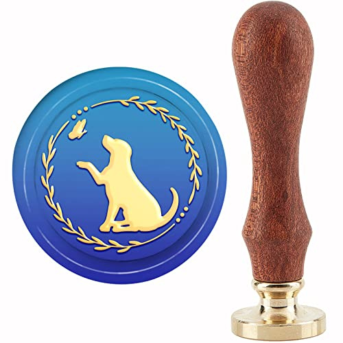 craspire Wachssiegelstempel „Hund, Schmetterling, Welpenkranz“, Abnehmbare Messing-Siegelstempelköpfe, 30 mm, Mit Vintage-Holzgriff Für Selbstgemachte Umschläge, Briefe, Einladungen, Karten, Hochzeit