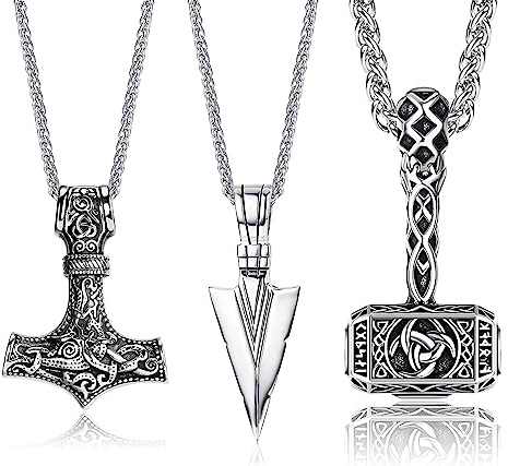 Diamday 3Stück Herren Viking Edelstahl Thors Hammer Speerspitze Dreieck Pfeilspitze Mjolnir Anhänger Halskette Amulett Vintage Wikinger Schmuck für Herren Junge Mit Korbkette A