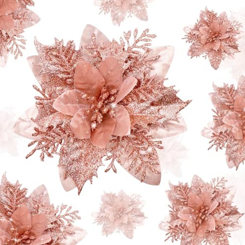 YSUVIN Fleurs de Noël Poinsettia, 10 Pcs Or Rose de Fleurs de Noël Pailletées, Fleurs de Noël Artificielles avec 10 Pcs de Clips pour Noël, Mariage, Fête du Nouvel an (14cm)