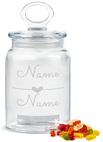 Print Royal PR Personalisierte Keksdose aus Glas mit Gravur - 800 ml - Linie mit Herz mit Namen und Datum als Geschenk für Frauen zum Jahrestag | Personalisiertes Geschenk Ideen Jahrestag