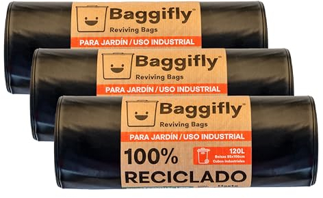 Baggifly, Bolsas de Basura 120L, 30 Bolsas Extra Resistentes, Más de 110kg, 100% reciclades, ECO Friendly, Uso Industrial, Jardín, Obra y Hostelería, Pack 3 x 10, Fabricado en España
