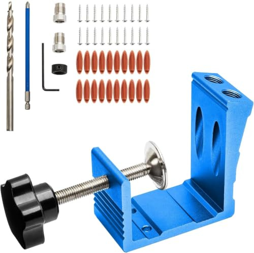 Pocket Hole Jig Kit with 15 Degree Drill Guide Joint Screw Kit for Carpentry Adjustable Dowel Drill Joinery Screw All-in-One DIY Woodworking Punch Locator Set