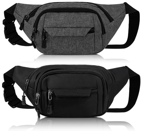 Meng Jiaran 2 Pack Bum Bag Bumbag for Men Women, Waterproof Bumbags for Ladies, 4 Zip Pockets Adjustable Belt Fanny Packs for Sport Running Walking Travel Cycling, Black Grey
