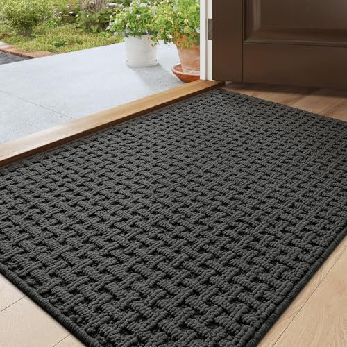 DEXI Dirt Trapper Indoor Door Mat 44 x 76 cm, Non-Slip Absorbent Entrance Rug, Low Profile Washable Doormats Inside Floor Mats for Muddy Shoes & Paws, Dark Grey
