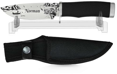 WOLFSARTIG Angelmesser mit Namen – Geschenk für Angler – Geburtstag, Vatertag, Weihnachten – personalisierbares Messer für Männer (mit Ständer)