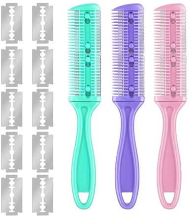 Okaywork Kit de 3 peignes pour cheveux - Couteau à effiler - Couteau à effiler - Peigne à effiler - Peigne à effiler - Peigne à cheveux double face avec 10 lames de rechange