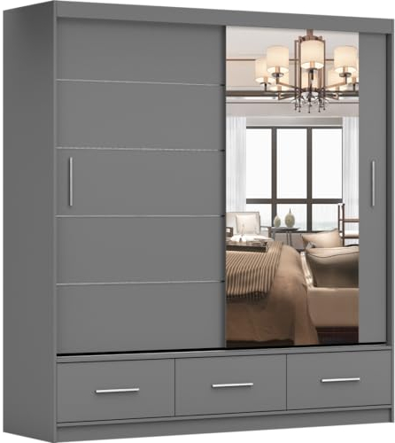 Fabryka Mebli Idźczak Kleiderschrank mit Spiegel grau -Schwebetürenschrank - Schlafzimmerschrank - 61 x 203 x 218 cm - Wohnzimmerschrank - Garderobenschrank Schrank mit Zwei Türen, 3 Schubladen