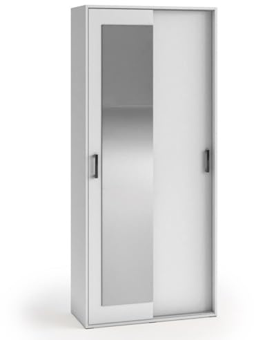 BEAUTY SOFA - Schrank - Spiegelschrank - Kleiderschrank mit Schiebetüren und Spiegel - Garderobenschrank, Mehrzweckschrank, Flurschrank, mit Einlegeböden, Kleiderstange - Weiß - Breite 90cm