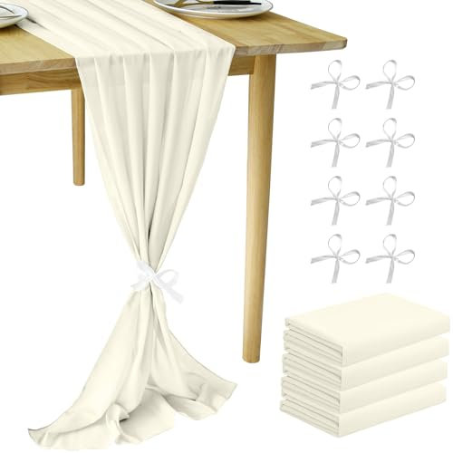 MUUKAIII 4 Stück Chiffon Tischläufer Elfenbein-Weiß 70x300 cm Hochzeit Musselin Dekostoff für Geburtstag, Taufe, Babyparty