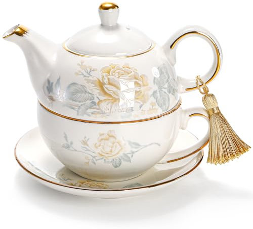 Nagpew Tea for One Set, Porcelain Floral Teapot Cup Saucer Set with Tassel Decorative, Vintage Bone China Teapot Rose Pattern Gift for Women Home Office, Dishwasher, Microwave Safe