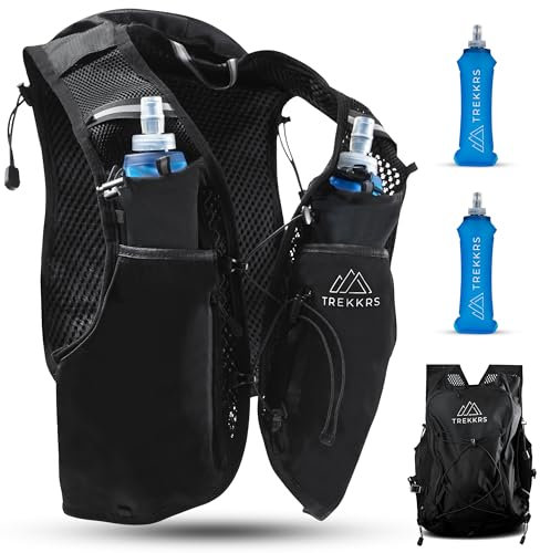 Trekkrs Running Vest with Water Bottles, 5L Capacity Backpack, Waterproof Front Pockets for Smartphone, Running Hydration Vest for Women & Men, Adjustable Straps and Walking Pole Holder