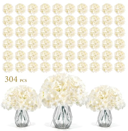 Auihiay 304PCS Hydrangea Artificial Flowers Bulk, Silk Artificial Hydrangea Flowers Heads with Stems, Faux Hydrangea Flowers for Home Table Centerpieces Wedding Arch Party Decoration (Champagne)