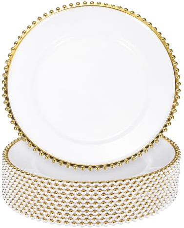 sourcing map Lot de 12 assiettes de présentation rondes en plastique transparent de 33 cm avec bordure en perles pour fête de mariage, événement, décoration de table, doré sur blanc