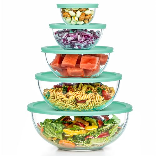 Vtopmart Glass Mixing Bowls with Lids, Set of 5 Borosilicate Glass Salad Bowl, Nesting Kitchen Serving Bowls for Prep, Cooking, Baking, Microwave Freezer Dishwasher Safe (0.2/0.5/1.0/2.0/3.5 L)