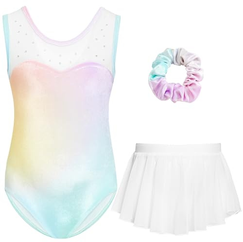 Gogokids Girls' Velvet Sleeveless Leotard - Kids Gymnastics Outfits with Rhinestone, Girl Gymnastics Three-Piece Set with Leotard, Chiffon Skirt & Hair Tie, Ages 3-12, Fit for Gymnastics and Ballet