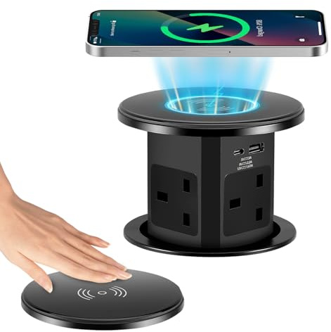Pop Up Socket, Pop Up Sockets for Kitchen Worktops with 15W Wireless Fast Charger Hidden Power Strip Touchscreen Automatic Pop-up Extension Socket 4 UK Plug 1 USB-A 1 USB-C for Home Office Desktop