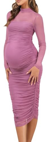 Mesh Maternity Dress Long Semi Formal Wedding Guest Dresses Short Sleeve Ruched Elegnant Pregnancy Clothes for Baby Shower/Photoshoot Casual((Purple XL)