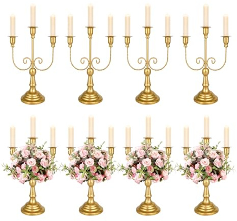 UCEHIPAW 8 Pcs Gold Candelabra 12 Inch 3 Arm Metal Candle Stand Wedding Candlestick Holder for Table Centerpieces Wedding Birthday Holiday Theme Party