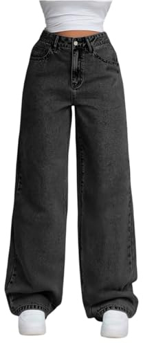 Generisch Jeanshose Damen Wide Leg Hose Baggy Jeans Straight Jeanshosen High Waist Palazzo Hose Weites Bein Stoffhose Hosenanzug Elegant Freizeithosen mit Taschen Black M