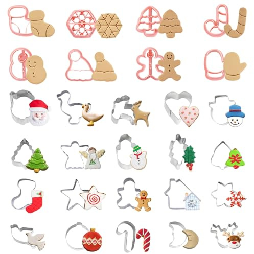 MLPKOI 28 PCS Christmas Cookie Cutters Set, Mini Cookie Cutter 3D, Christmas Biscuit Cutters, Party Decorations, Xmas Tree Snowman Gingerbread Man Cane Gloves Stocking Hat, for Cookies Baking