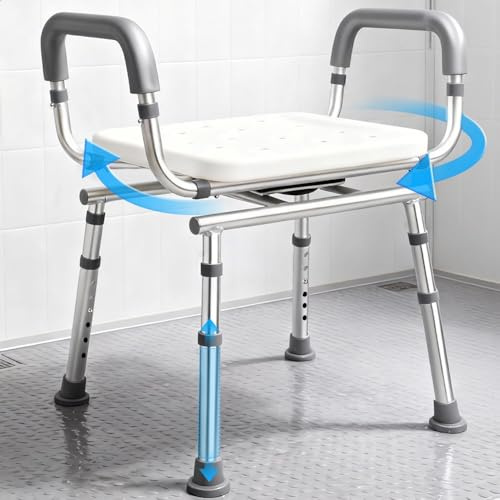 Rotating Shower Chair with Armrests Backrest - Height Adjustable & Heavy Duty (250 kg) - Safe Bath & Shower Stool for Seniors and People with Disabilities - For Shower and Bathtub