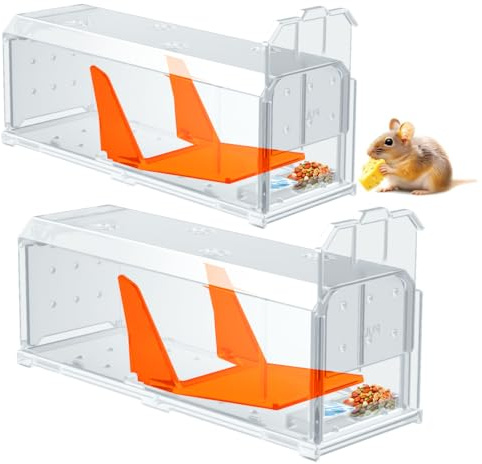 Piège à Souris Vivante Lot de 2, Grand piege Souris Vivante sans Mise à Mort, Attrape Souris réutilisable très Sensible, Aucun Contact avec Les Souris, Sortie à libération Rapide, Transparent