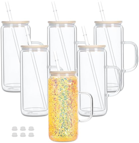 Cosictic 20 OZ Glas-Schneekugel-Tumbler mit Griff und vorgebohrtem Loch, 591ml, Doppelwandige Schneekugelbecher für Schneekugel Glitzer DIY, (6 Stück)