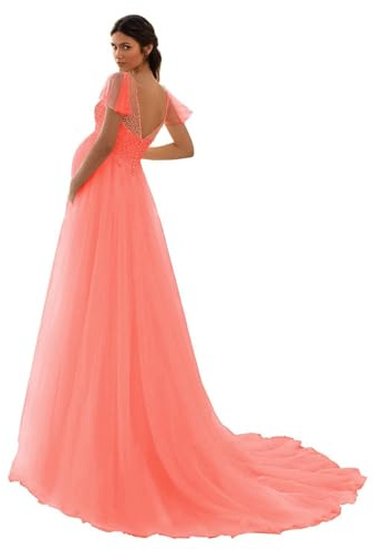 HAIBFJIN Vestido de maternidad de tul, cuello en V, vestido de novia para embarazadas, vestidos de maternidad para baby shower, sesión de fotos, Coral, 50