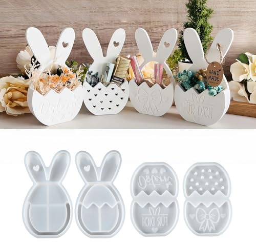 BDYLYS 4 Stück Silikonformen Ostern, Gießformen für Kleiner Blumenkorb & Hase, Flexible Silikon Gießformen Gips zum Gießen für DIY Osterdeko Handwerk, Geldgeschenk, Ornament