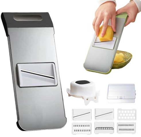 Comfortable Grip Handheld Mandoline Vegetable Slicer, Multifunctional Vegetable Cutter, Food Chopper with Food Container, Hand Protector Julienne Slice for Potato Onion (Black)