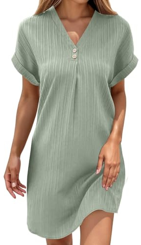 Générique Robe Lin Coton Femme Ete Chic Elegant Tunique Robe Manches Courtes Ample Casuel Couleur Unie Robes avec Boutons Col V Robes De Plage Grandes Tailles Dress pour FêTe Vacances S-4XL