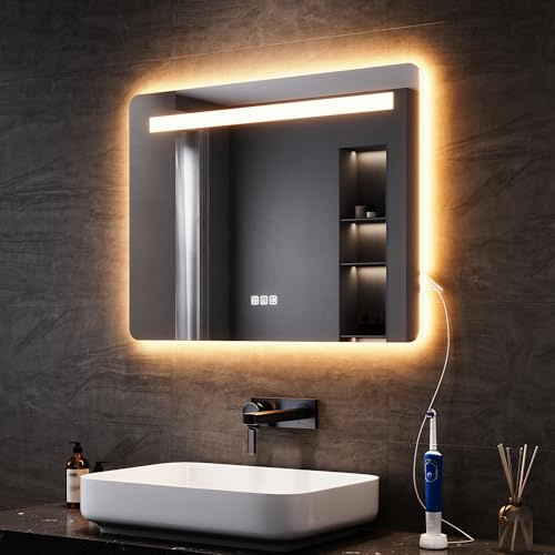 SONNI Badrumsspegel med belysning 80 x 60 cm, LED-spegel med touch-strömbrytare och minnesfunktion, 3 justerbara ljusfärger, dimbar, dimfri, uttag