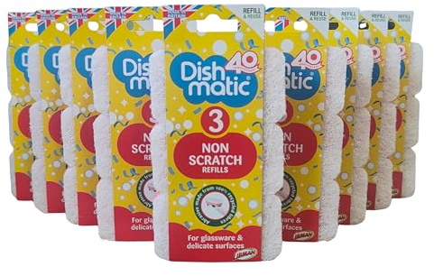 Dishmatic Non Scratch Refills Pack of 9 (27 Refills), Sponge Heads for Dishmatic Handles, Non Scratch Dishwashing Refills for Glassware, Non Stick Pans & Delicate Surfaces