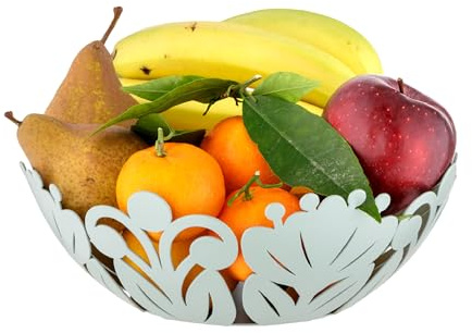 Baroni Home Cestino Portafrutta Decorativo in Metallo con Motivo Foglia, Design Moderno per Tavola e Cucina, Contenitore per Frutta, Linea Ibiscus, 27x27x9 cm