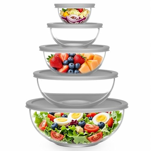 Eidoct Set of 5 Glass Mixing Bowls with Lids, Borosilicate Glass Salad Bowl