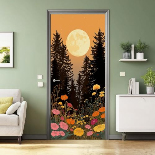3d dörrtapet självhäftande tropisk natur måne tall blommor silhuett dörraffisch fototapet, dörrposter folie för dörr vardagsrum kök dörrklistermärken badrum klistermärken hiss, 77 x 200 cm