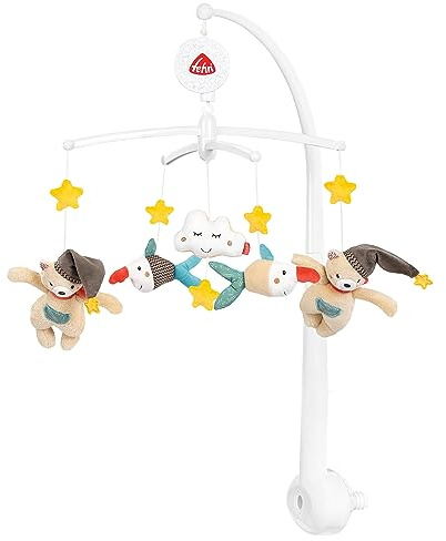 Fehn Musik-Mobile Bruno – Aufzieh-Mobile mit Spieluhr-Melodie | Melodie Weißt du wieviel & Figuren zur Beschäftigung und Beruhigung – mit Bett-Befestigung für Babys von 0-5 Monaten