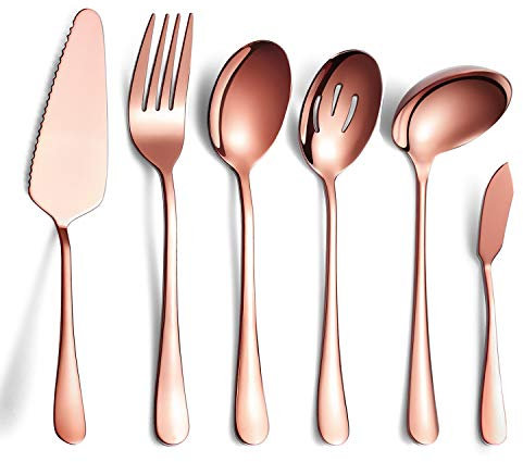HOMQUEN Ensemble de Couverts en Le cuivre 6 Pièces，y Compris Pelle à Gâteau, Cuillère de Service à Fente, Cuillère de Service, Fourchette à Viande Froide, Couteau à Beurre, Louche à Soupe