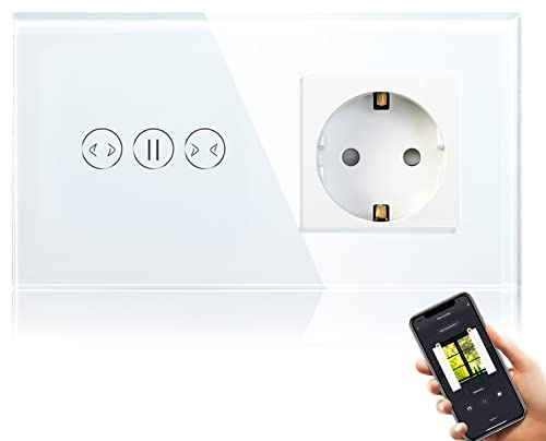 BSEED WiFi Smart Alexa Vorhang Schalter mit Steckdose, Kompatibel mit Google Home Tuya, Glas Touchscreen-schalter Wlan Jalousien Schalter (Neutrale Leitung Benötigt) Weiß