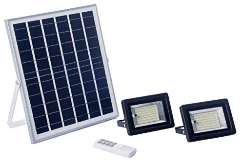 ELEDCO Luces Solares Exterior Con 2 Focos LED, Panel Solar, Batería, Mando a Distancia, Autonomía 8-15 Horas (Luz Cálida 2700K)