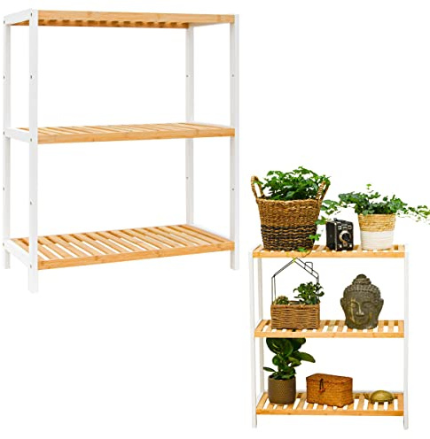 DuneDesign Bambus Standregal 60 cm Breit - 69x60x26 Badregal - Regal Weiß für Küche Badezimmer Schrank Balkon - Badmöbel Schuhregal Holz Küchenregal Stehend - Handtuch Wandregal - Küchen Organizer