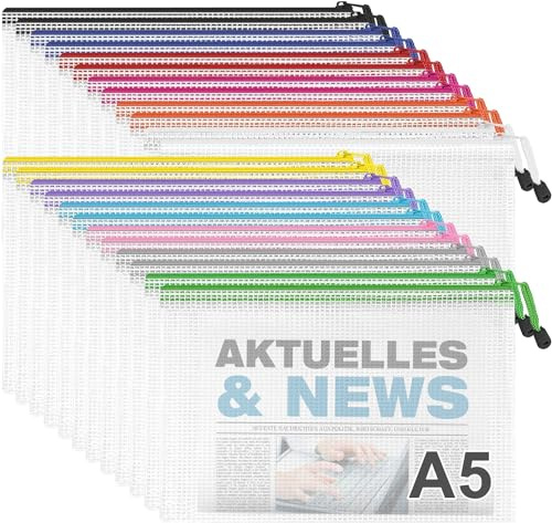 Newthinking Dokumententasche A5 mit Reißverschluss, wasserdicht, 24 Stück | Dokumententaschen mit Reißverschluss. Mesh-Aktenordner mit Schloss, für Schule, Büro, Reise und Aufbewahrung, 12 Farben.