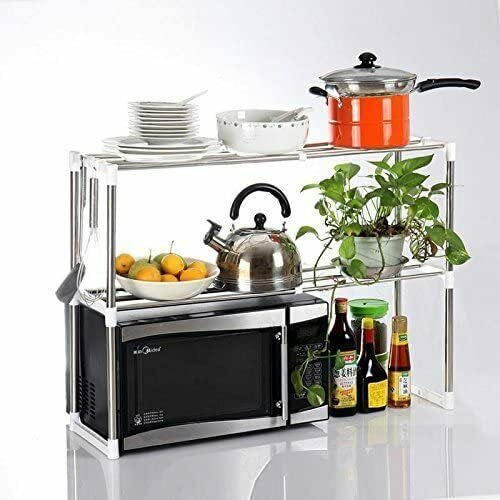 Copper Top 2-Tier Adjustable Microwave Oven Stand Shelf | Heavy-Duty Countertop Storage Rack for Kitchen, Office, or Bathroom | Multi-Purpose Metal Organizer Shelf with Hooks, 25–49.5W x 60H cm